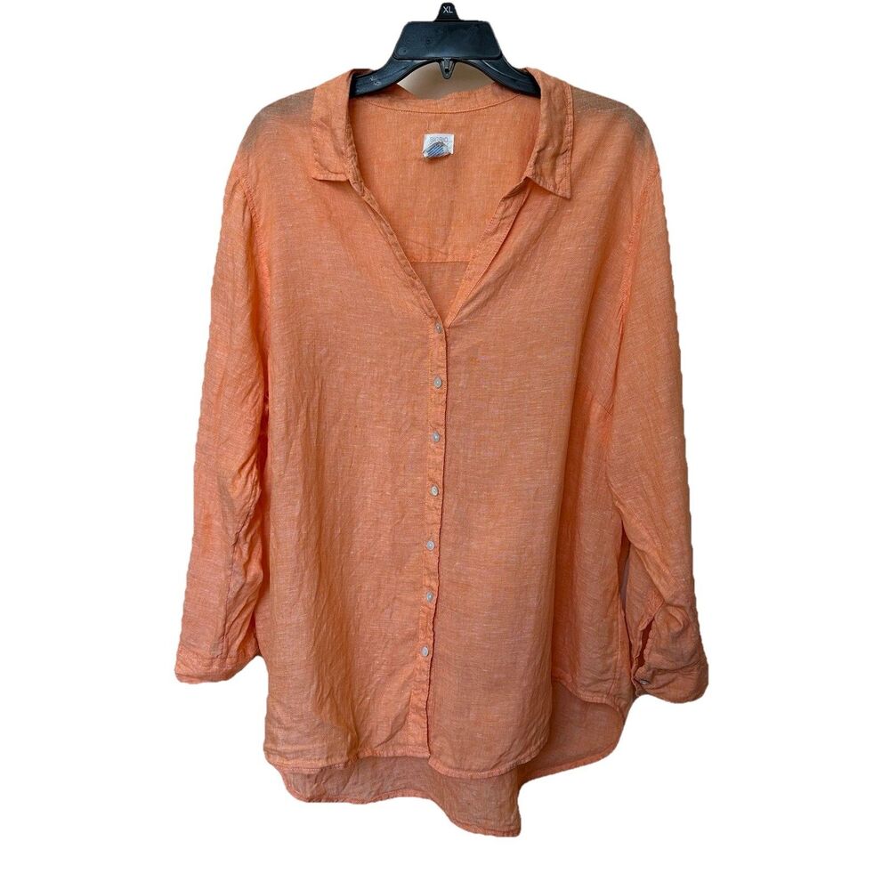 Sigrid Olsen Linen Top Blouse 2X Orange Button Up Roll Tab Sleeve Lagen Resort
